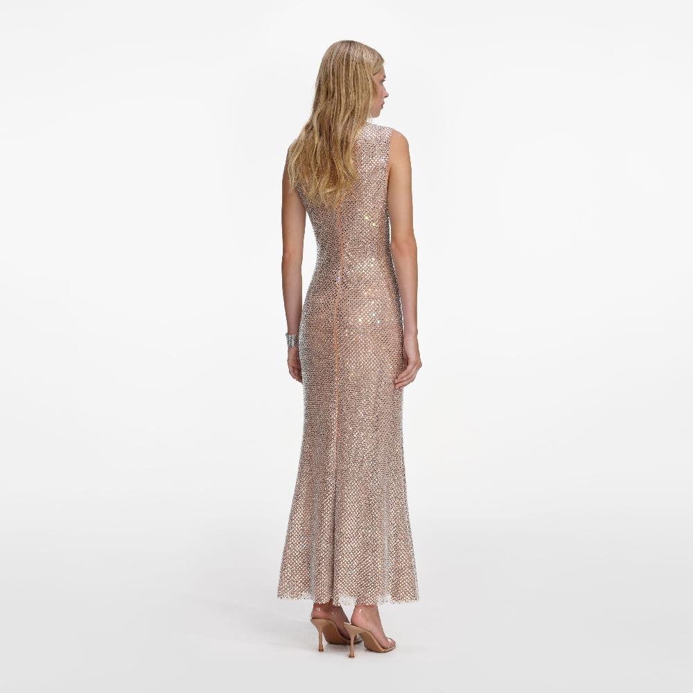 Self Portrait Silver Rhinestone Mesh Midi Dress CLOTHING