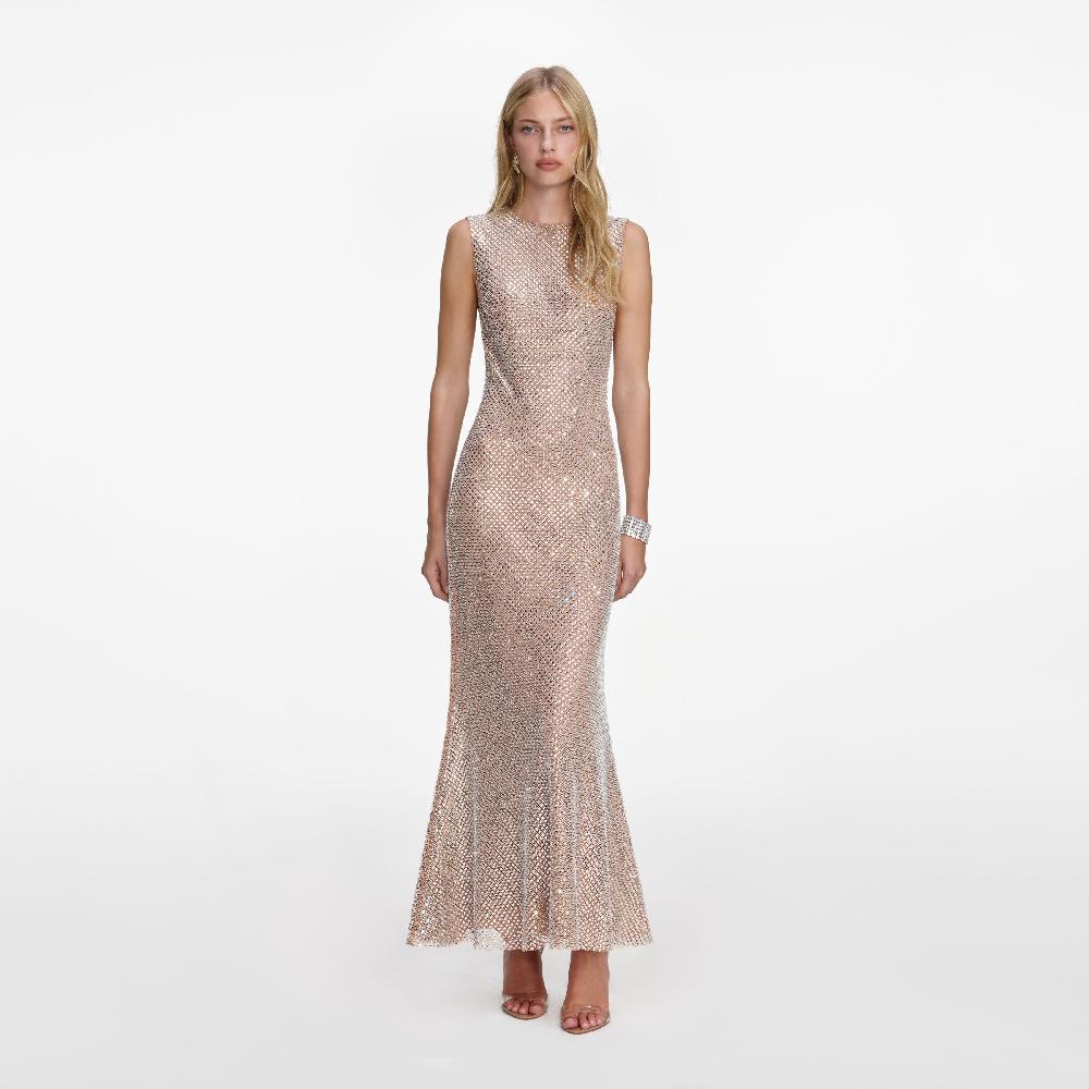 self portrait Silver Rhinestone Mesh Midi Dress CLOTHING