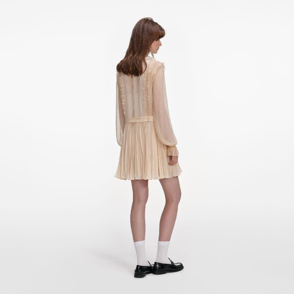 Self Portrait Tan Pleated Georgette Mini Dress CLOTHING