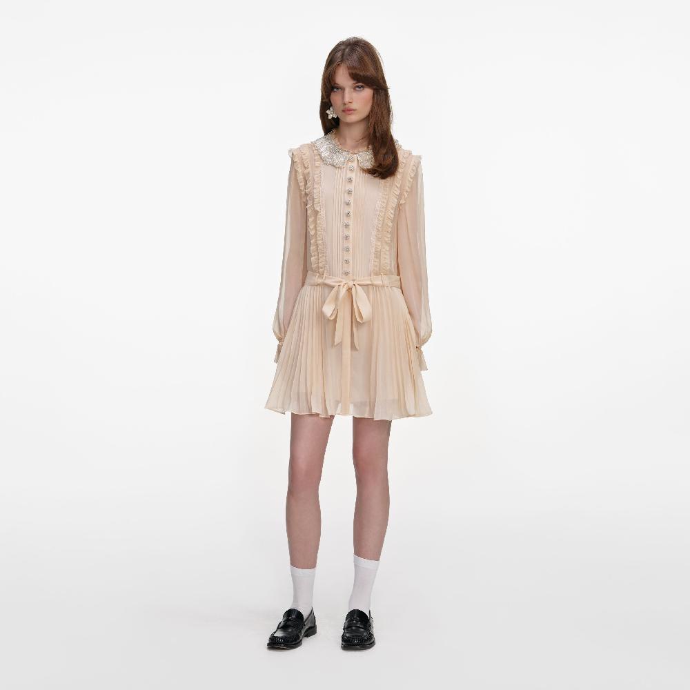 self portrait Tan Pleated Georgette Mini Dress CLOTHING