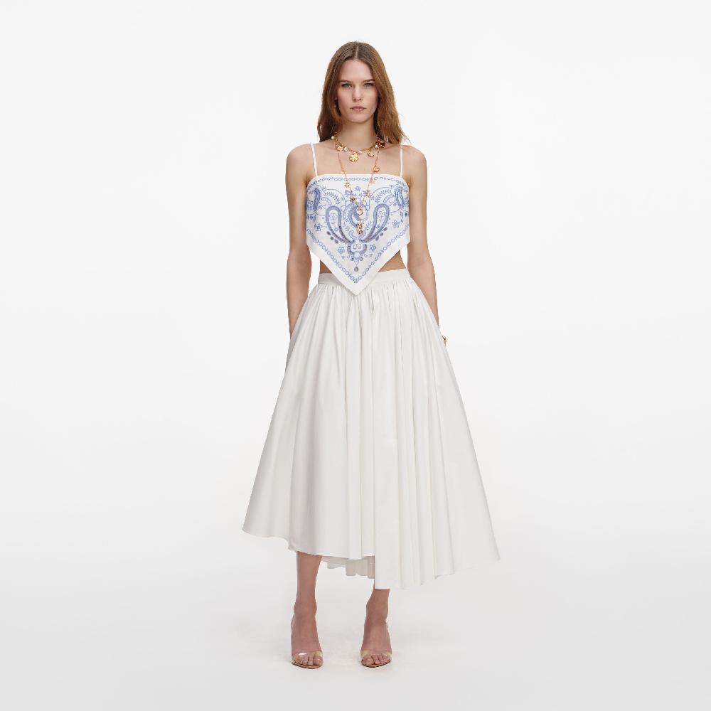 self portrait White And Blue Embroidered Linen Top CLOTHING