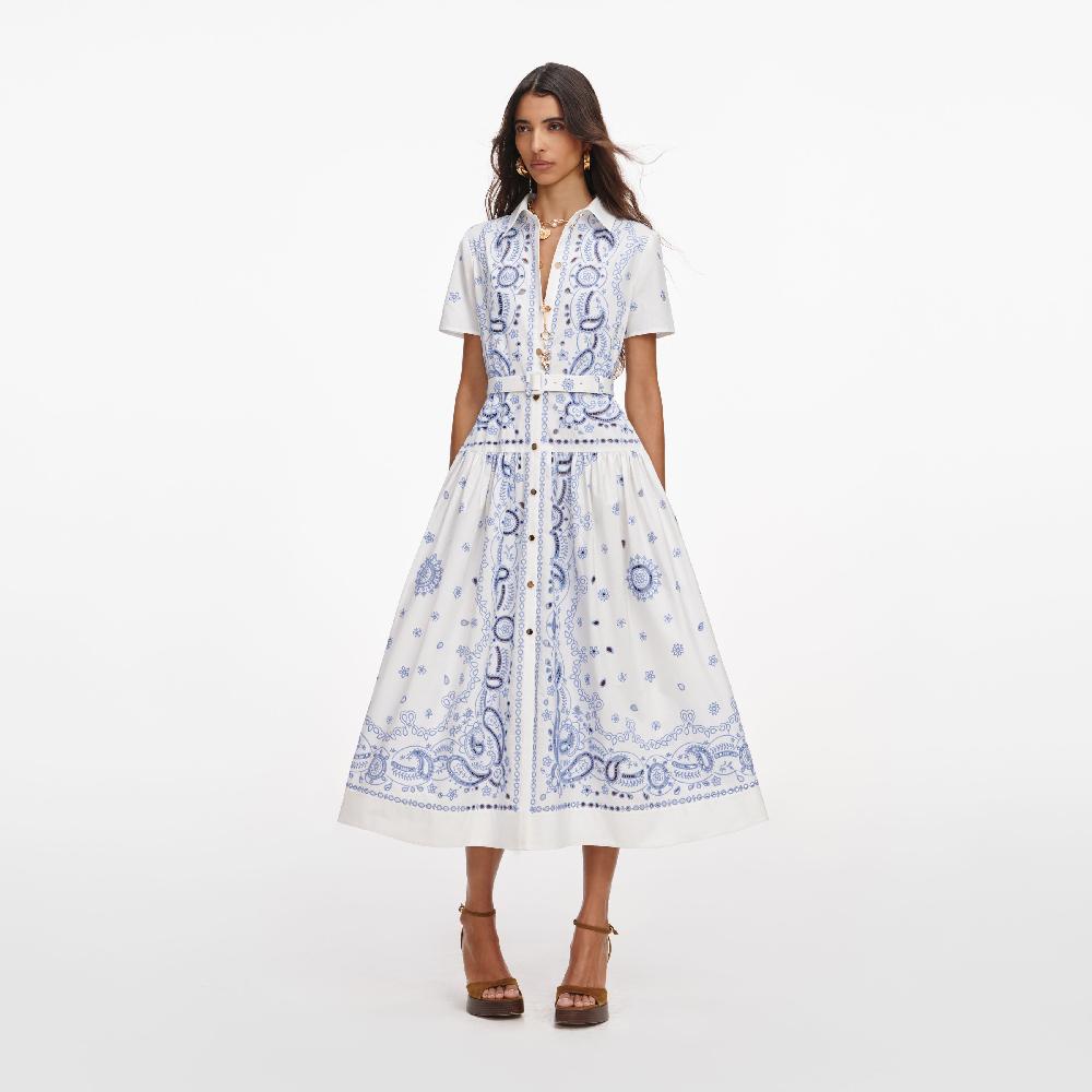Self Portrait White And Blue Embroidered Midi Dress CLOTHING