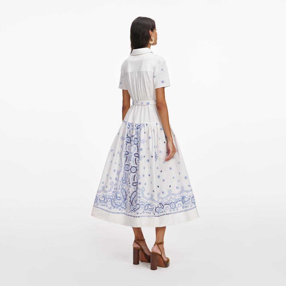 Self Portrait White And Blue Embroidered Midi Dress CLOTHING