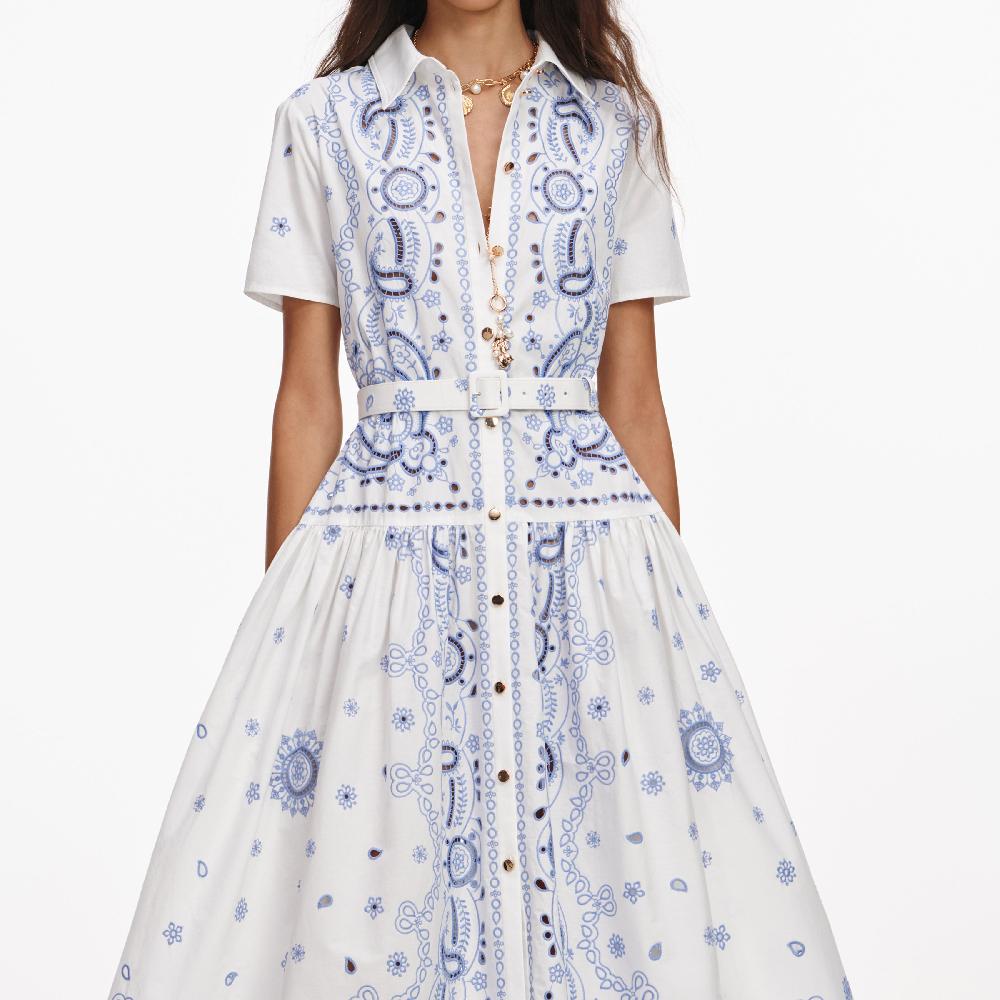 Self Portrait White And Blue Embroidered Midi Dress CLOTHING
