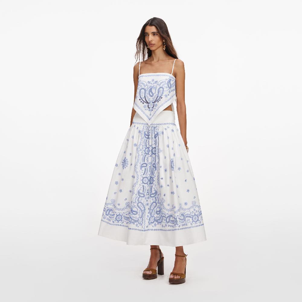 Self Portrait White And Blue Embroidered Midi Skirt CLOTHING