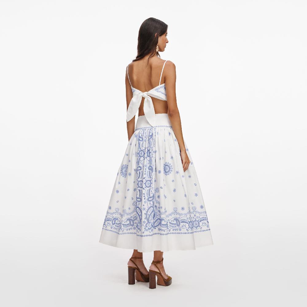 Self Portrait White And Blue Embroidered Midi Skirt CLOTHING