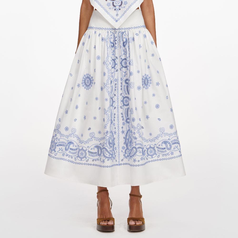 Self Portrait White And Blue Embroidered Midi Skirt CLOTHING