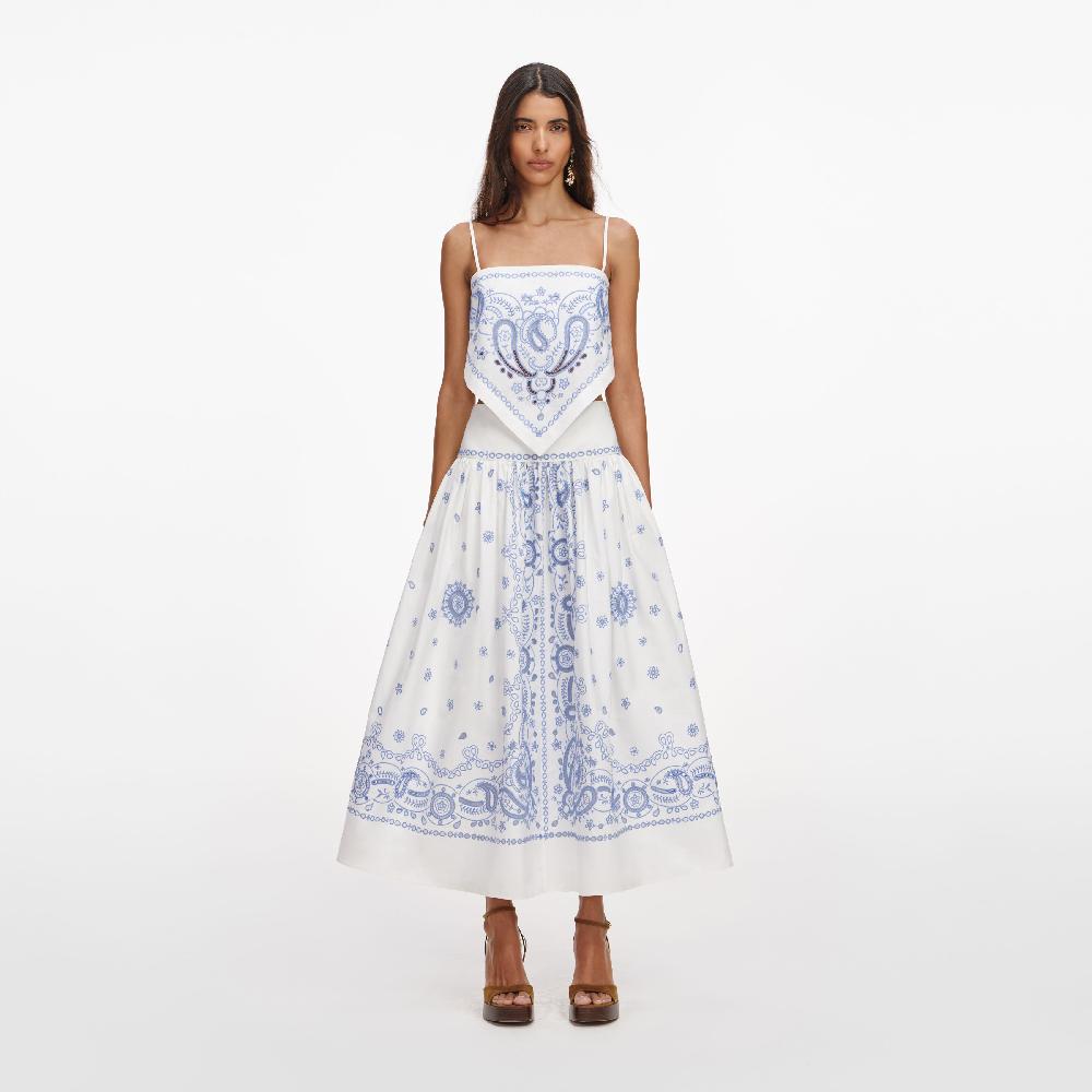 self portrait White And Blue Embroidered Midi Skirt CLOTHING