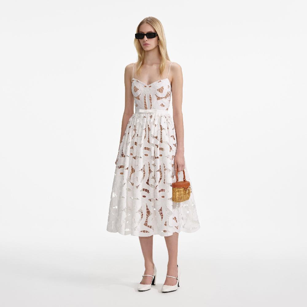 Self Portrait White Bow Embroidered Midi Dress CLOTHING
