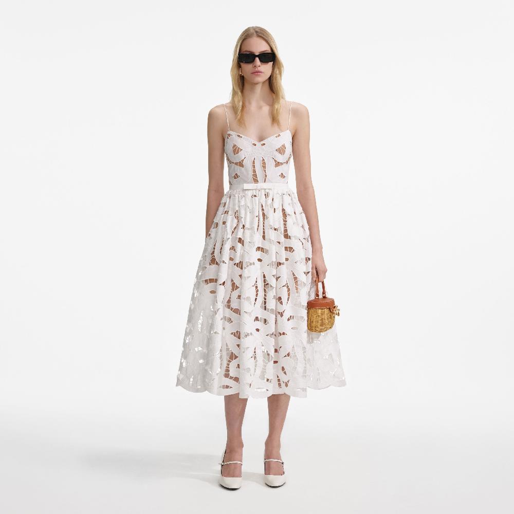 self portrait White Bow Embroidered Midi Dress CLOTHING