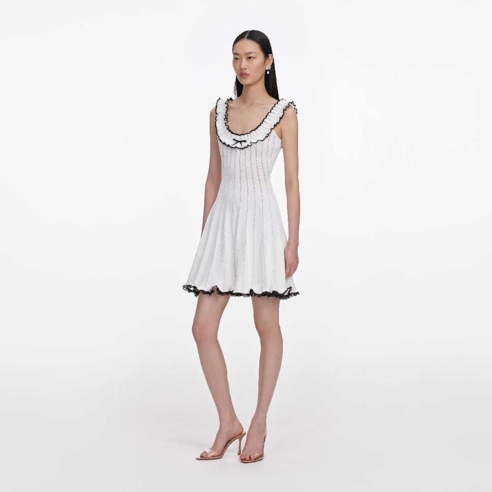 Self Portrait White Contrast Trim Knit Mini Dress CLOTHING