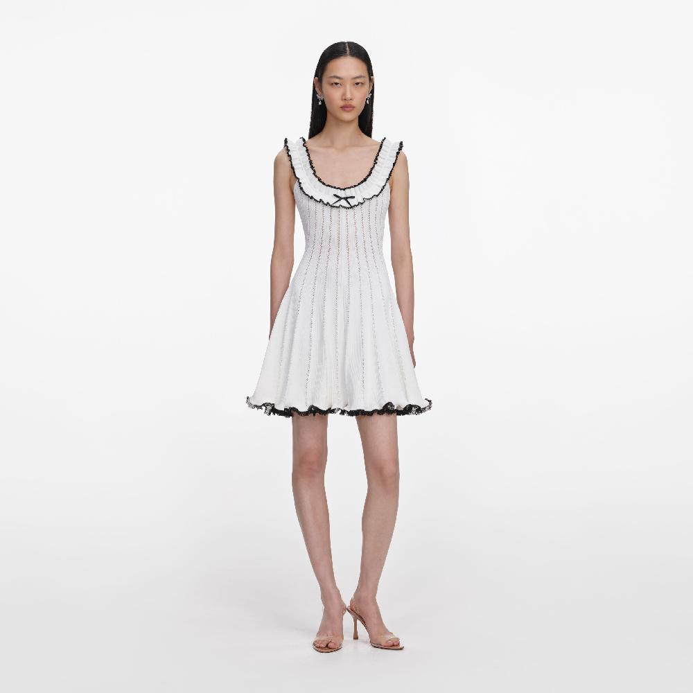 self portrait White Contrast Trim Knit Mini Dress CLOTHING