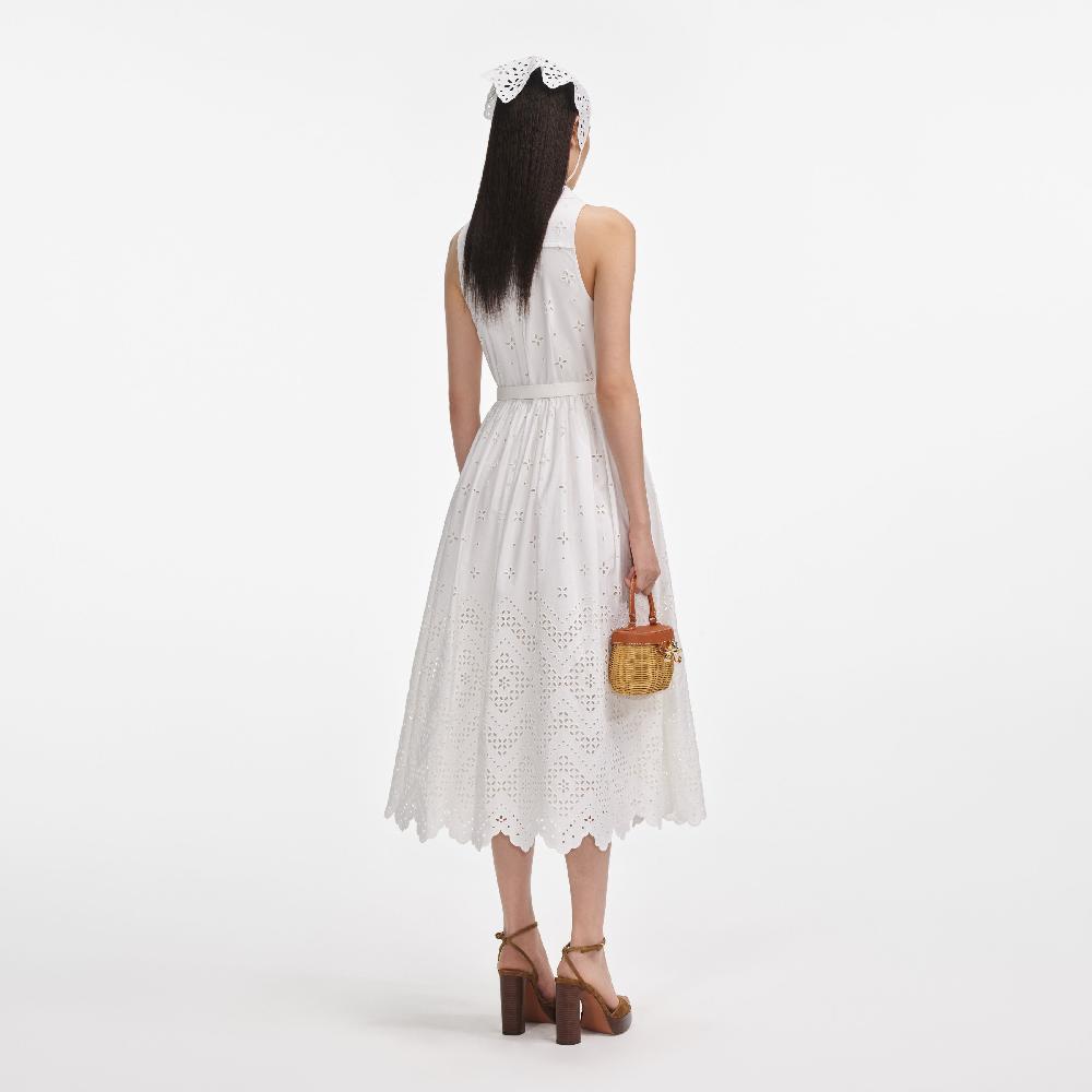 Self Portrait White Cotton Broderie Collared Midi Dress CLOTHING
