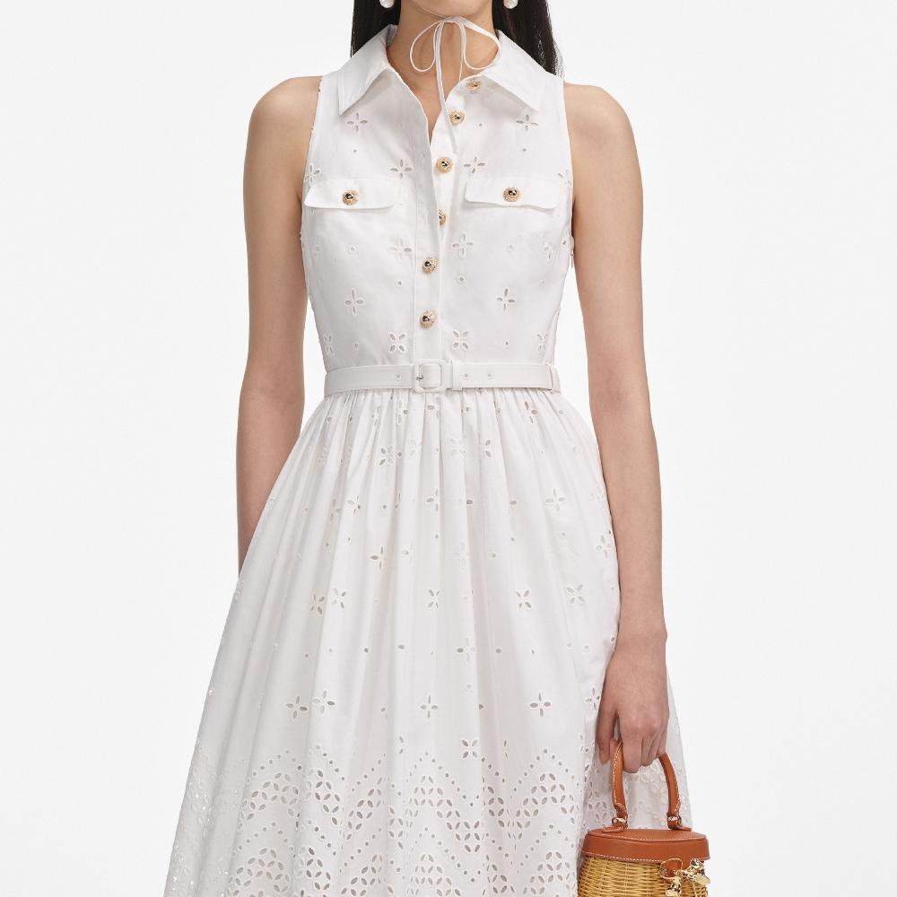 Self Portrait White Cotton Broderie Collared Midi Dress CLOTHING