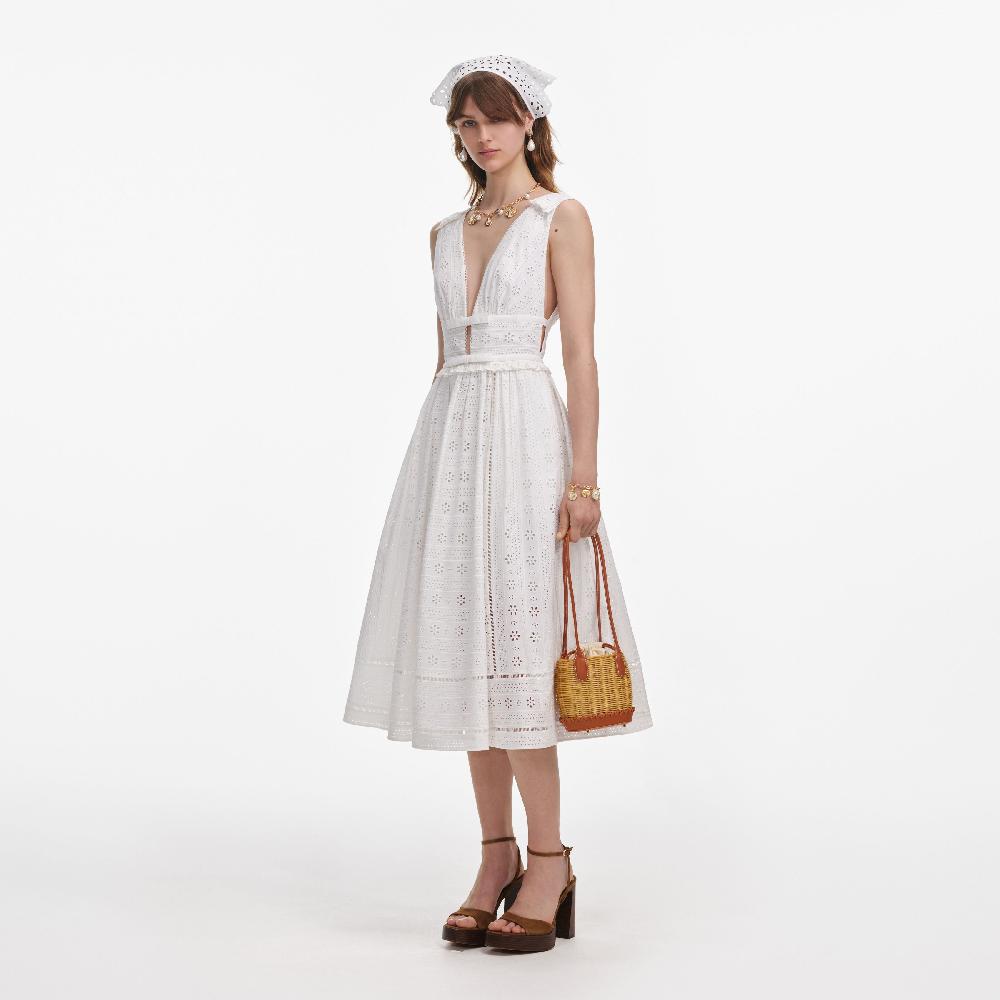 Self Portrait White Cotton Broderie Midi Dress CLOTHING
