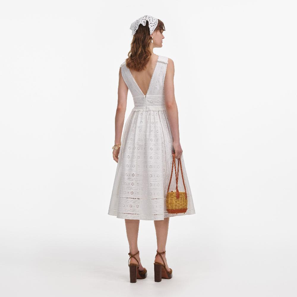 Self Portrait White Cotton Broderie Midi Dress CLOTHING