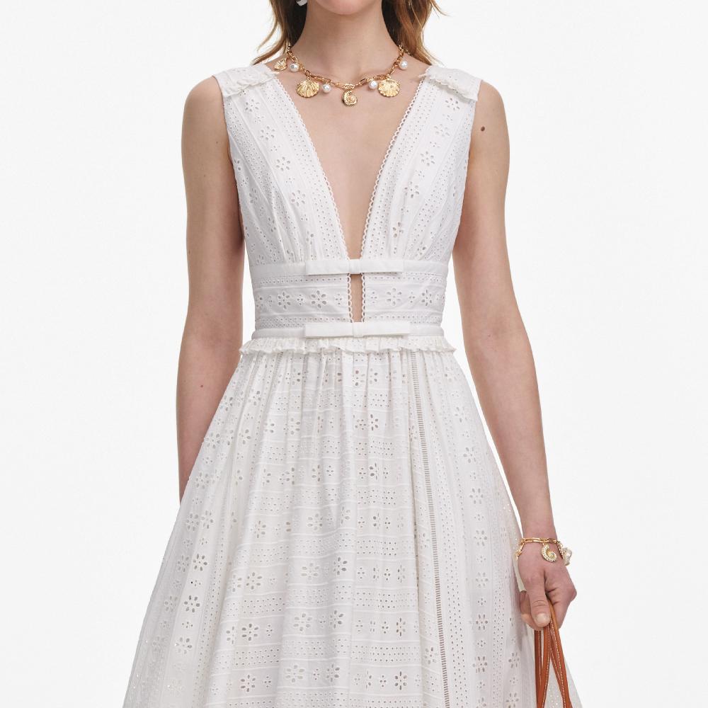 Self Portrait White Cotton Broderie Midi Dress CLOTHING
