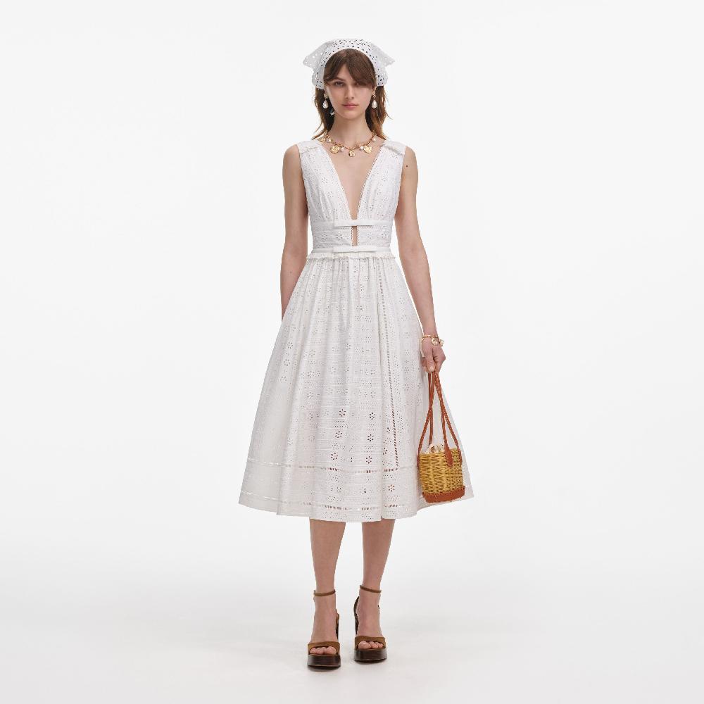 self portrait White Cotton Broderie Midi Dress CLOTHING