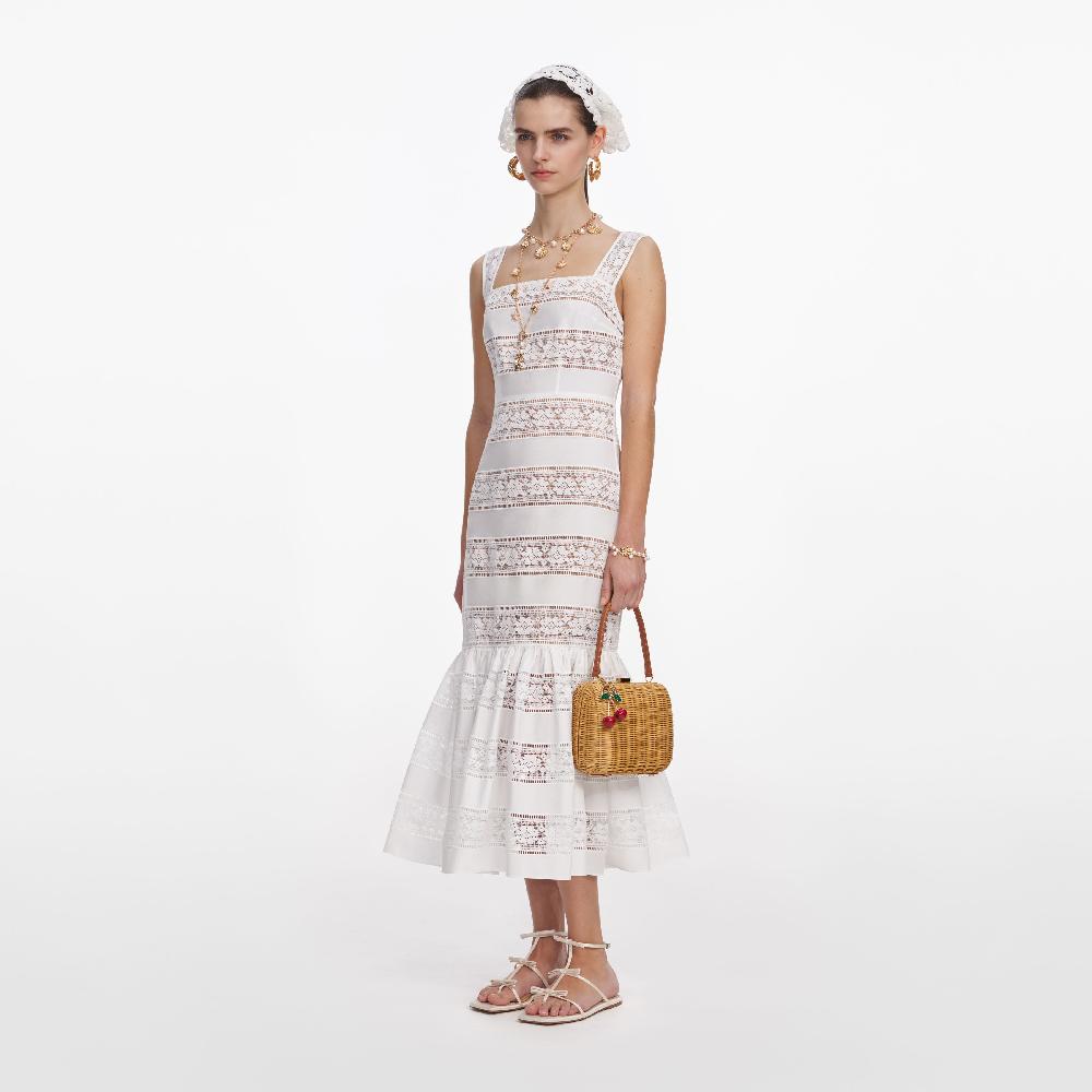 Self Portrait White Cotton Embroidered Midi Dress CLOTHING