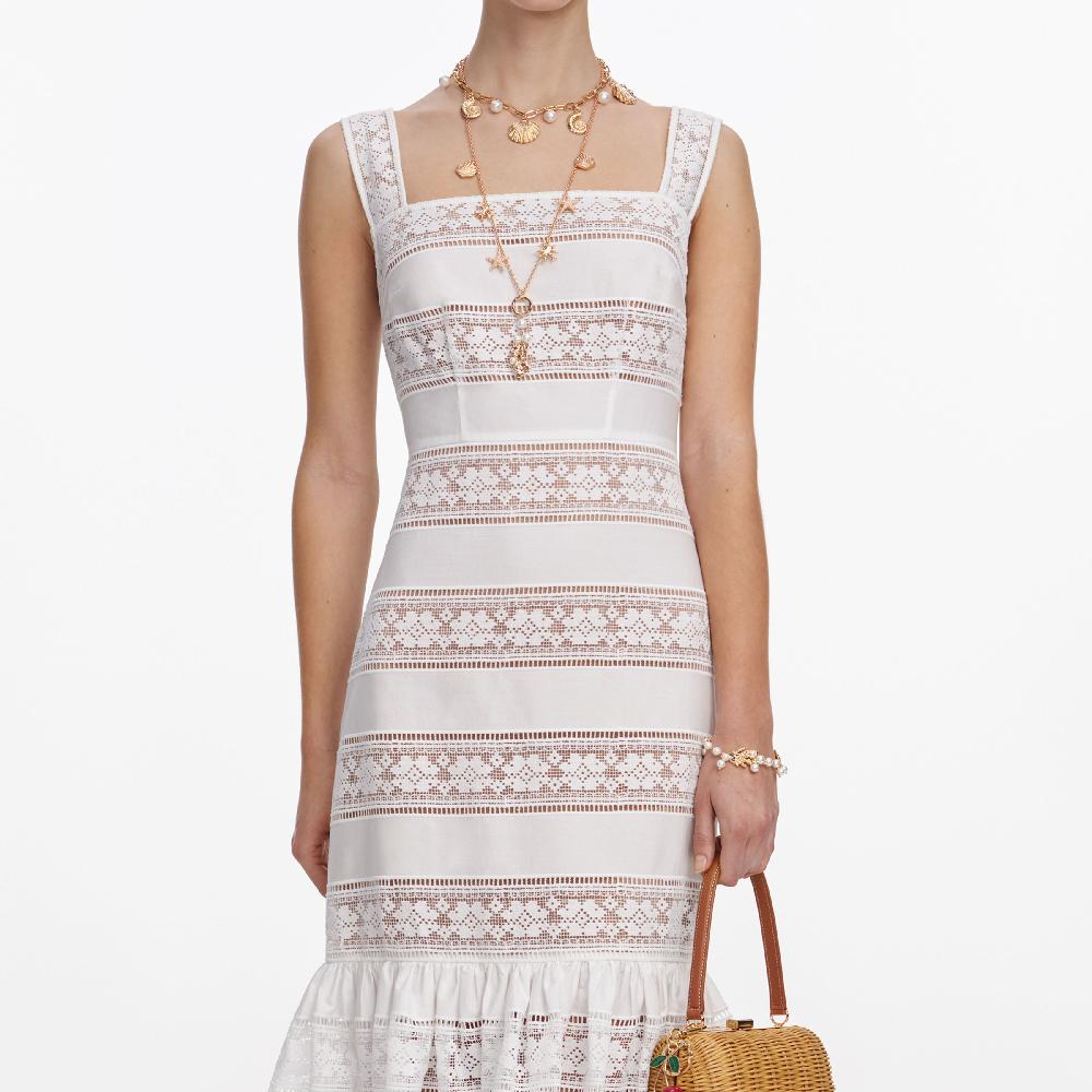 Self Portrait White Cotton Embroidered Midi Dress CLOTHING