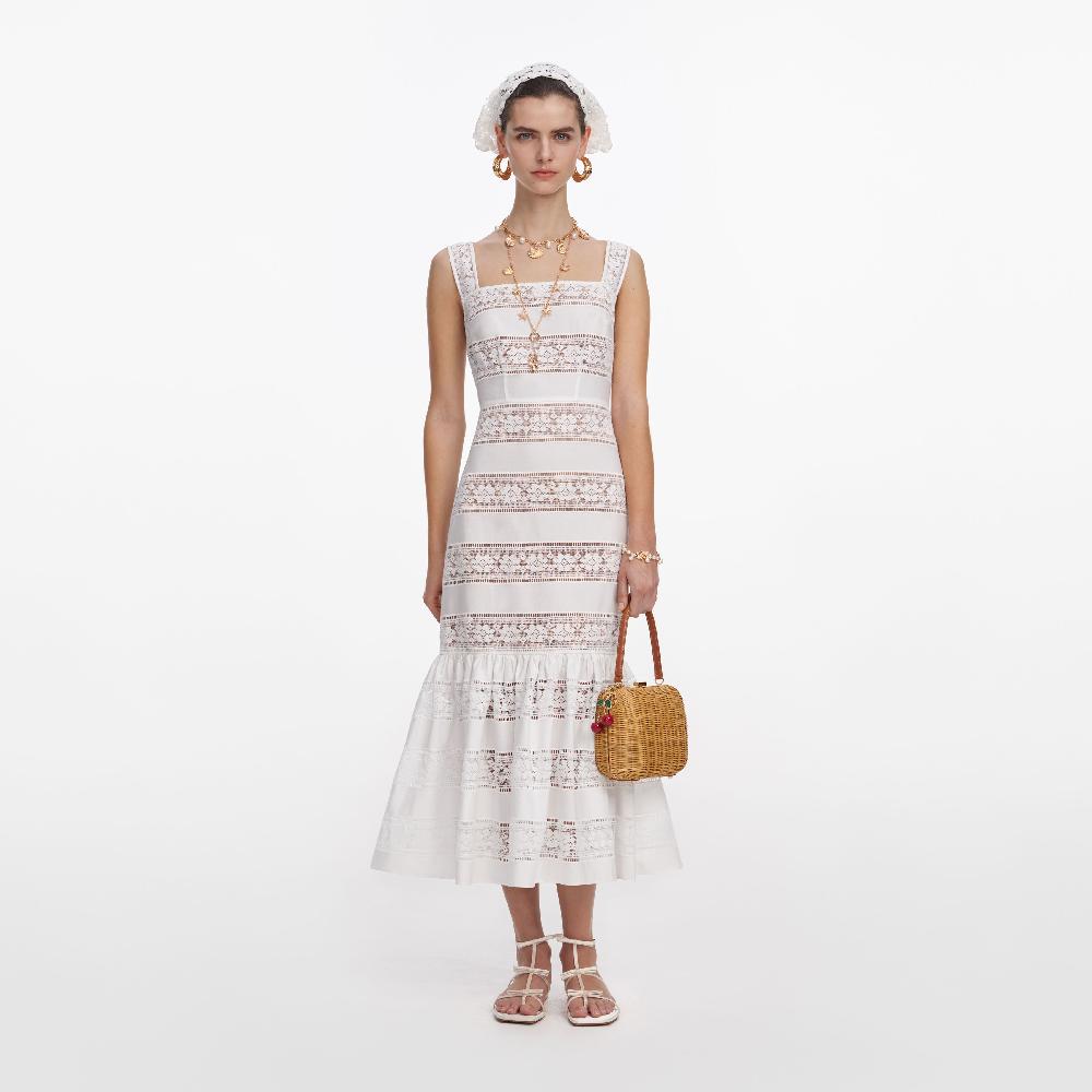 self portrait White Cotton Embroidered Midi Dress CLOTHING