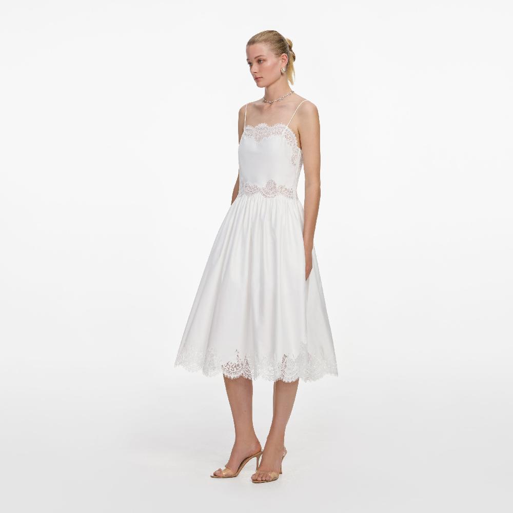 Self Portrait White Cotton Lace Trim Midi Dress CLOTHING