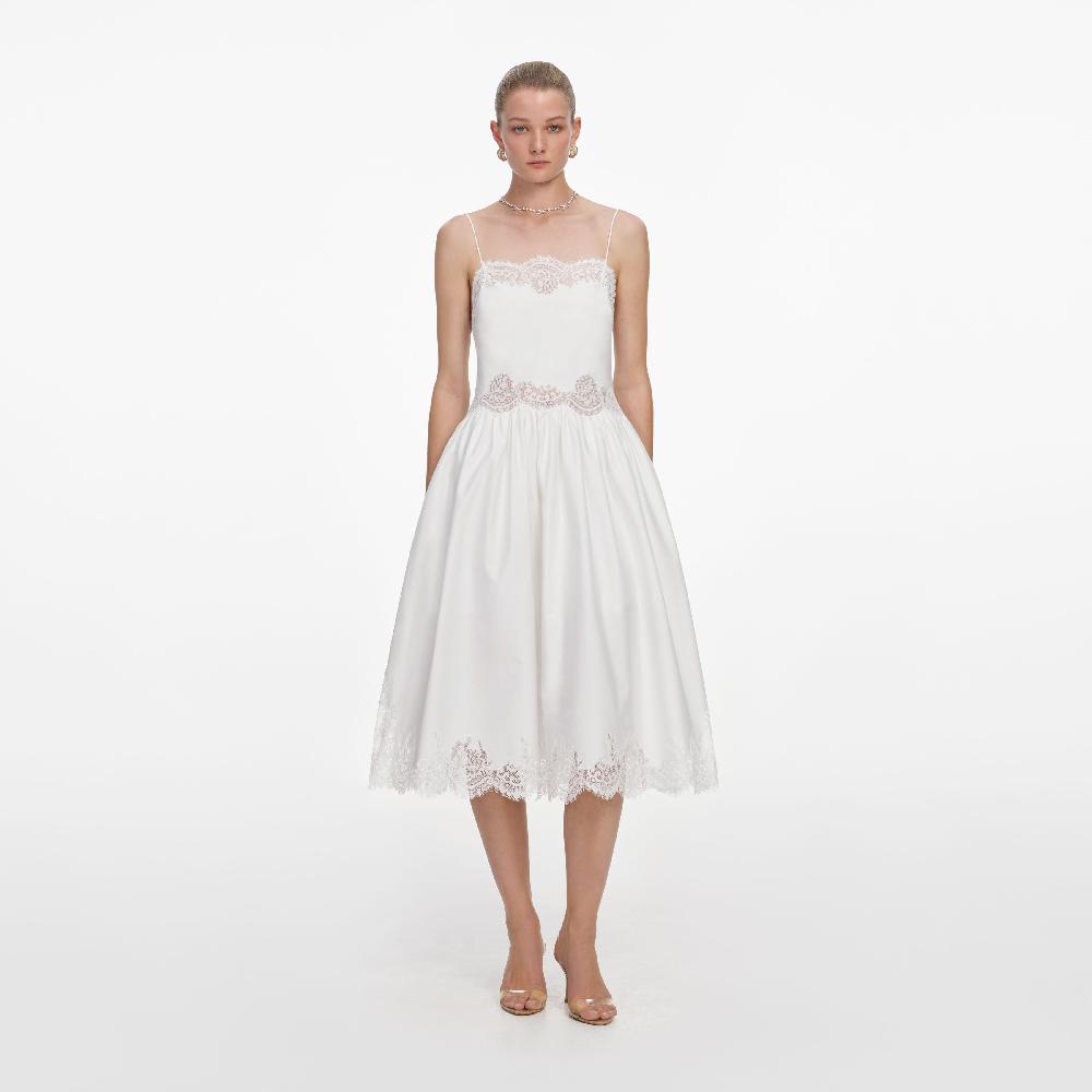 self portrait White Cotton Lace Trim Midi Dress CLOTHING