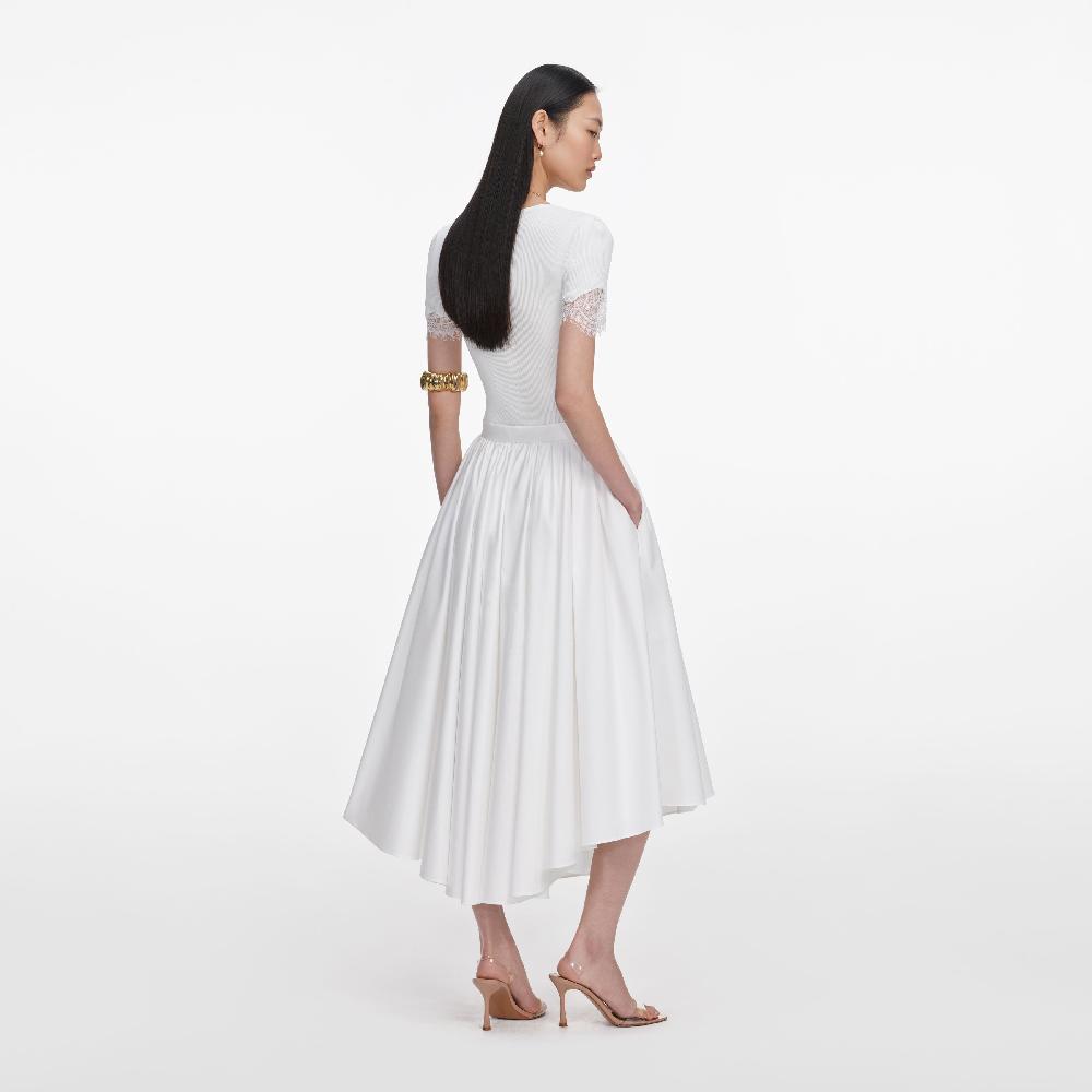Self Portrait White Cotton Poplin Midi Skirt CLOTHING