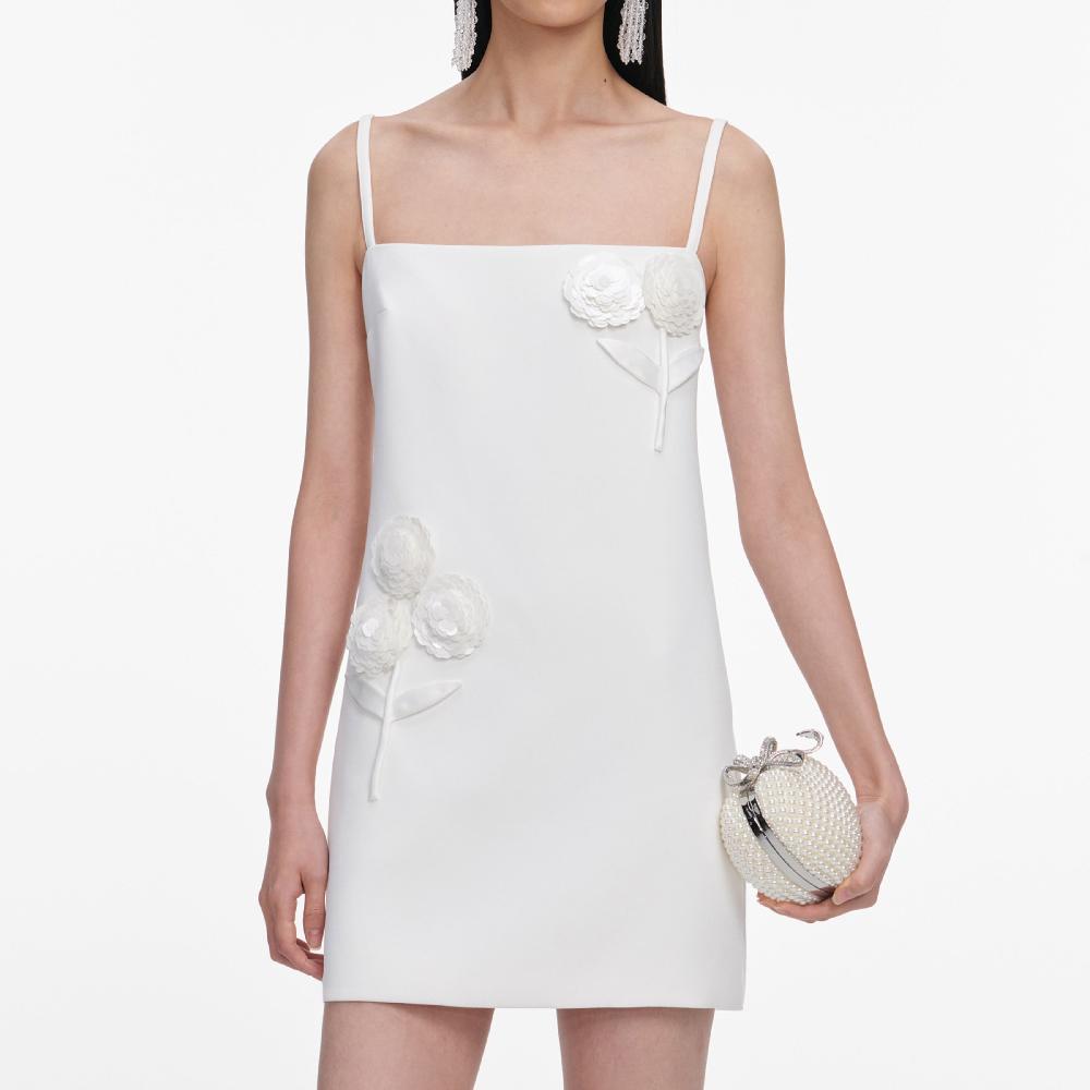 Self Portrait White Crepe 3D Sequin Flower Mini Dress CLOTHING