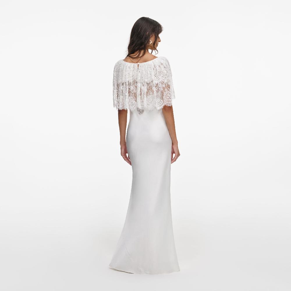Self Portrait White Fine Lace Satin Maxi Dress CLOTHING