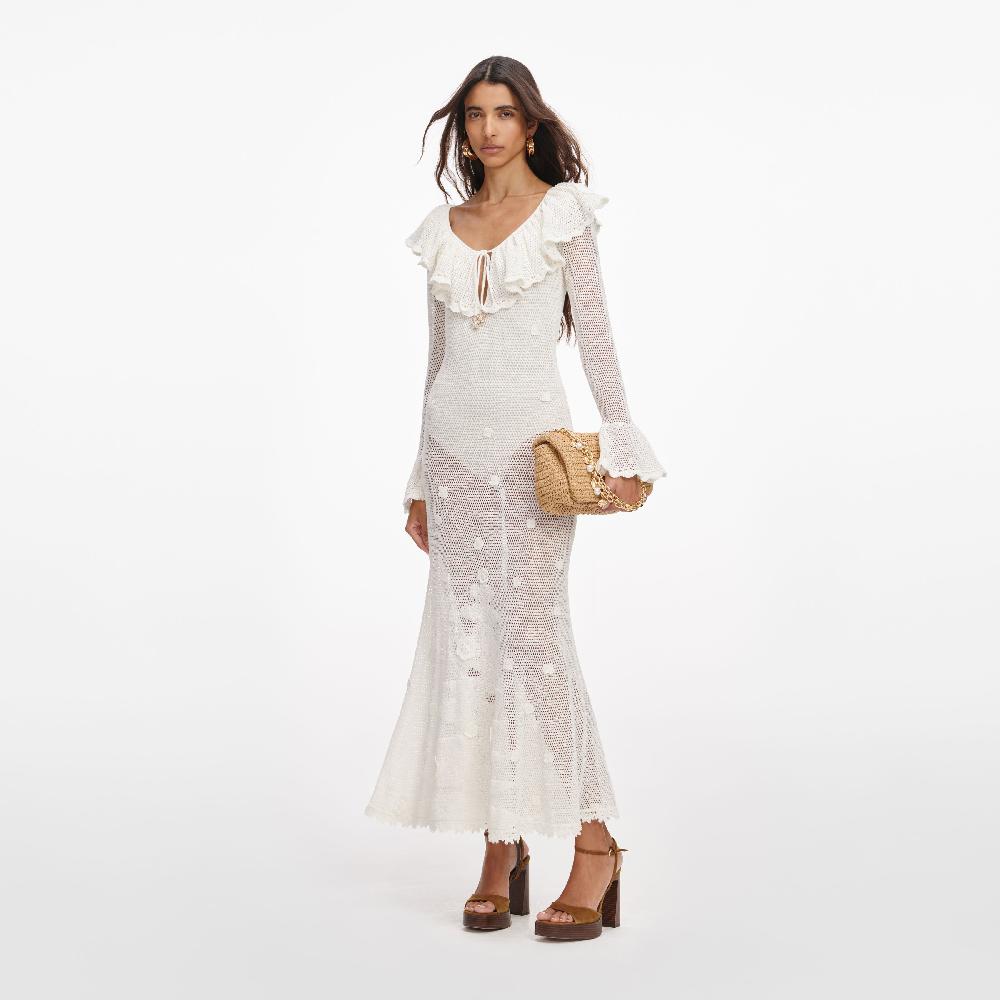 Self Portrait White Floral Crochet Midi Dress CLOTHING