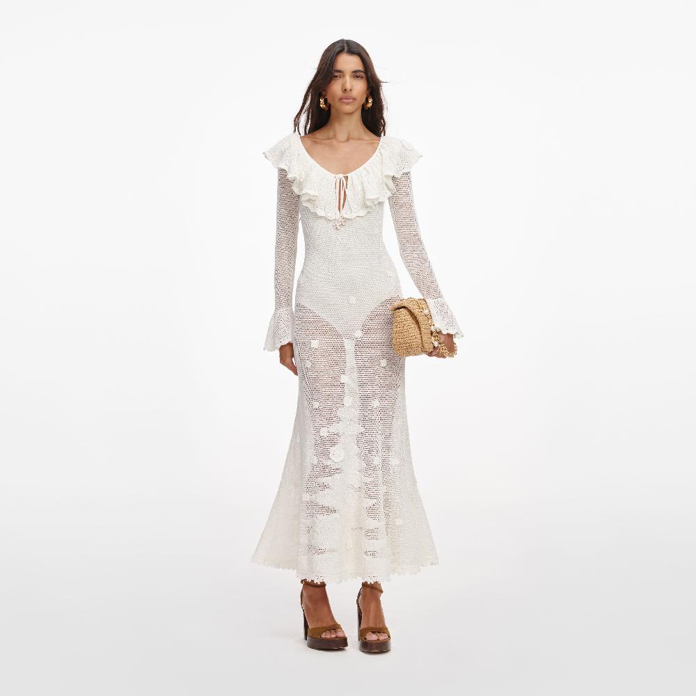 self portrait White Floral Crochet Midi Dress CLOTHING