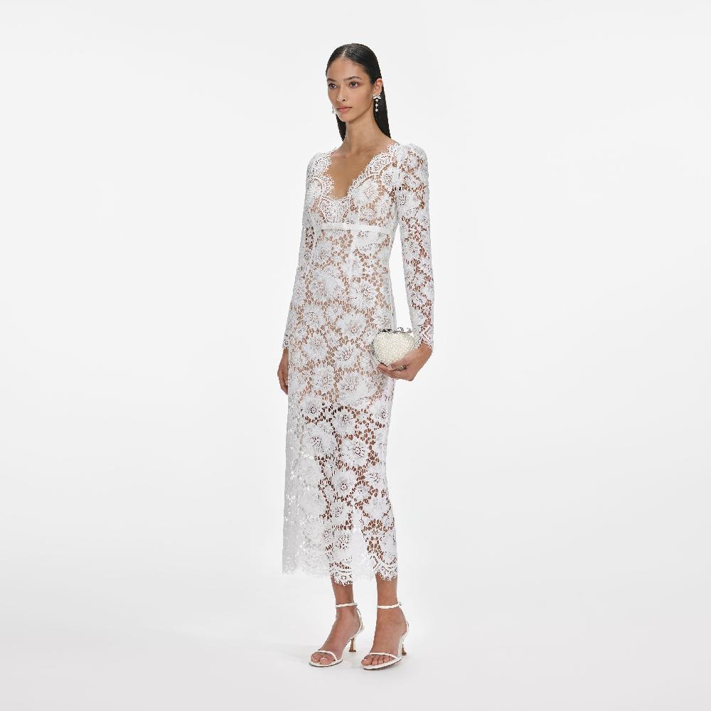 Self Portrait White Floral Lace Midi Dress CLOTHING