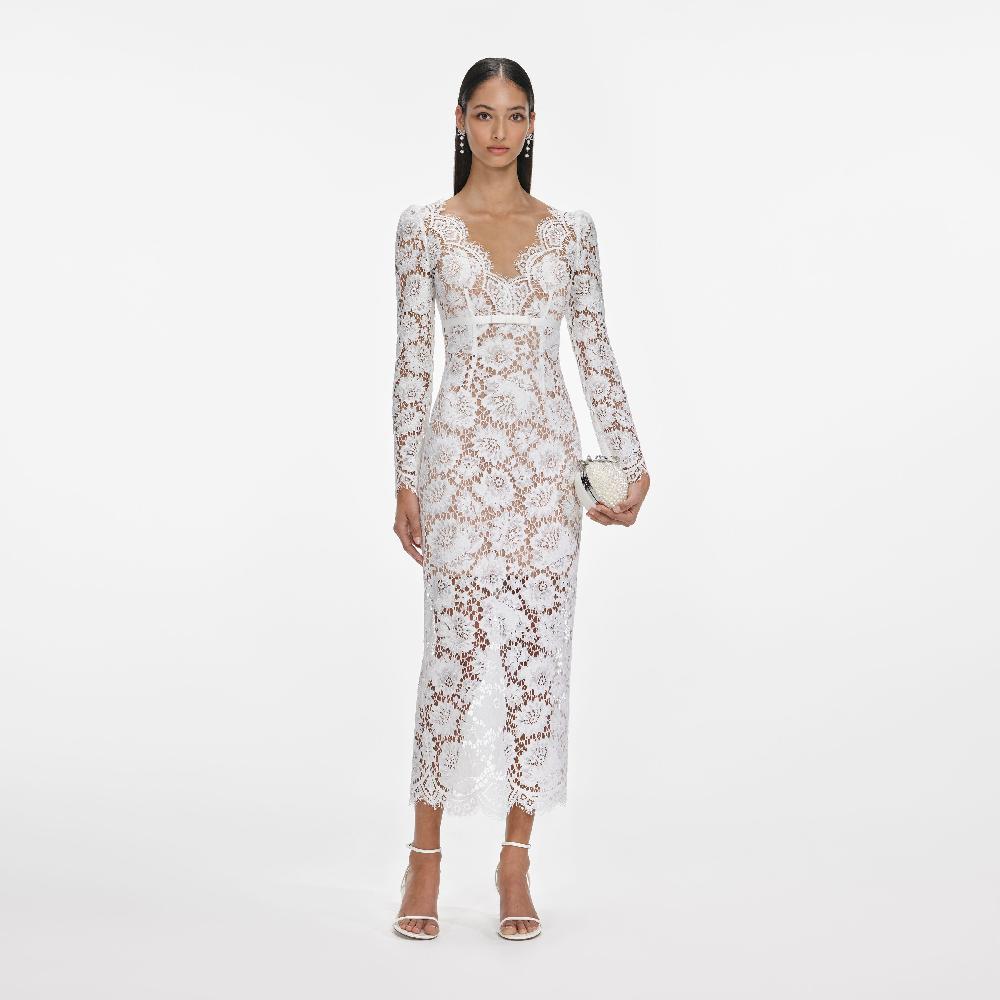 self portrait White Floral Lace Midi Dress CLOTHING