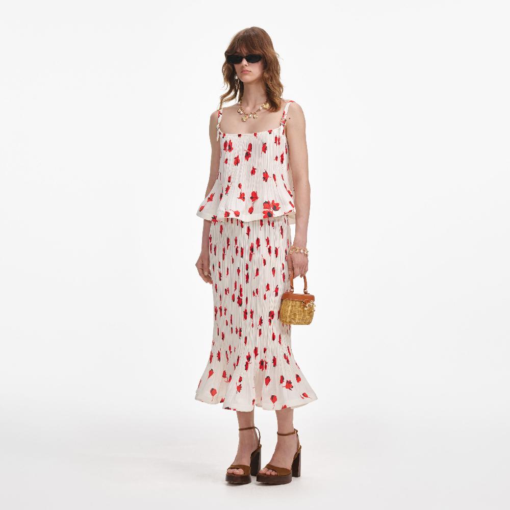 Self Portrait White Floral Plisse Midi Skirt CLOTHING