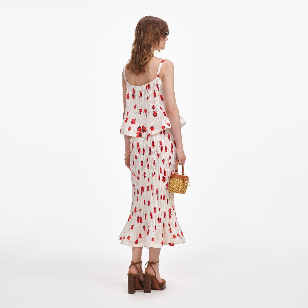 Self Portrait White Floral Plisse Midi Skirt CLOTHING