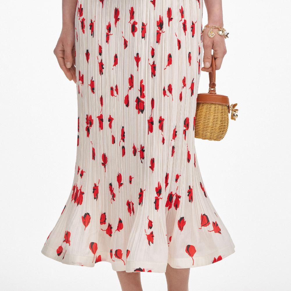 Self Portrait White Floral Plisse Midi Skirt CLOTHING