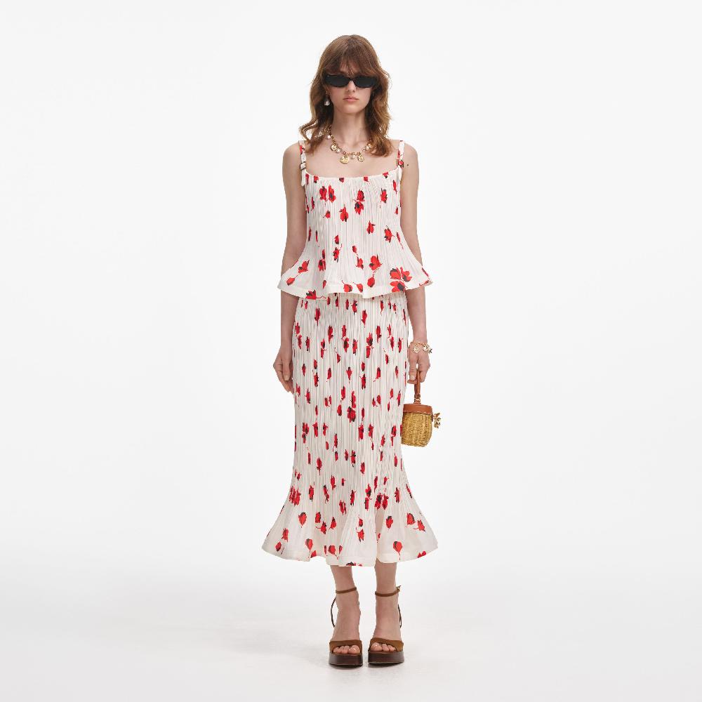 self portrait White Floral Plisse Midi Skirt CLOTHING