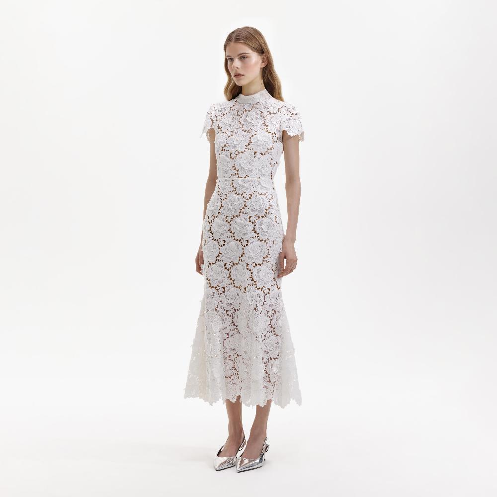 Self Portrait White Flower Lace Midi Dress CLOTHING