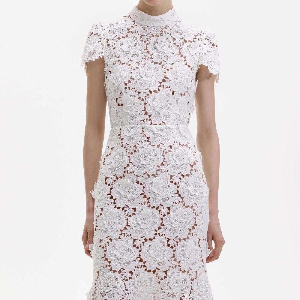 Self Portrait White Flower Lace Midi Dress CLOTHING