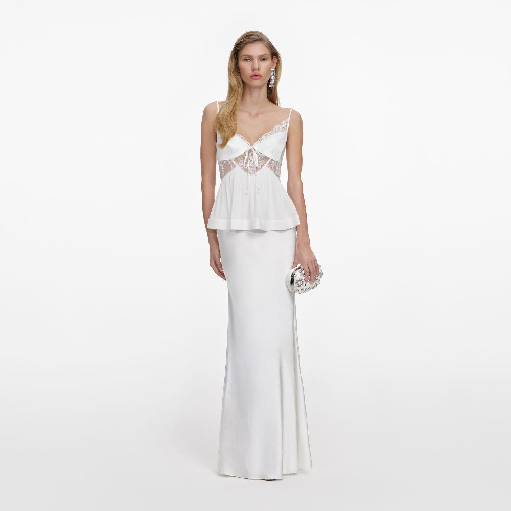 self portrait White Georgette Satin Maxi Dress CLOTHING