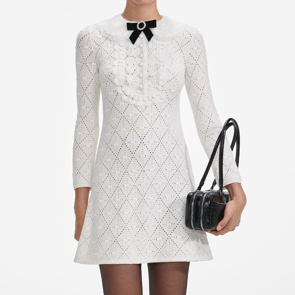Self Portrait White Lace Bib Knit Mini Dress CLOTHING