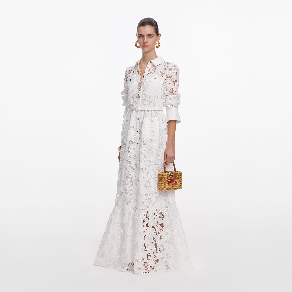 Self Portrait White Lace Collared Maxi Dress CLOTHING