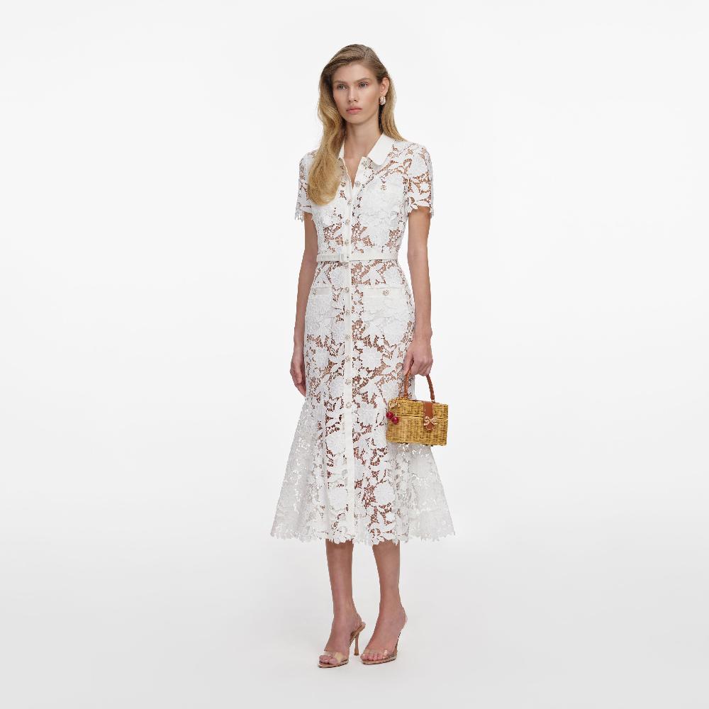 Self Portrait White Lace Collared Midi Dress CLOTHING
