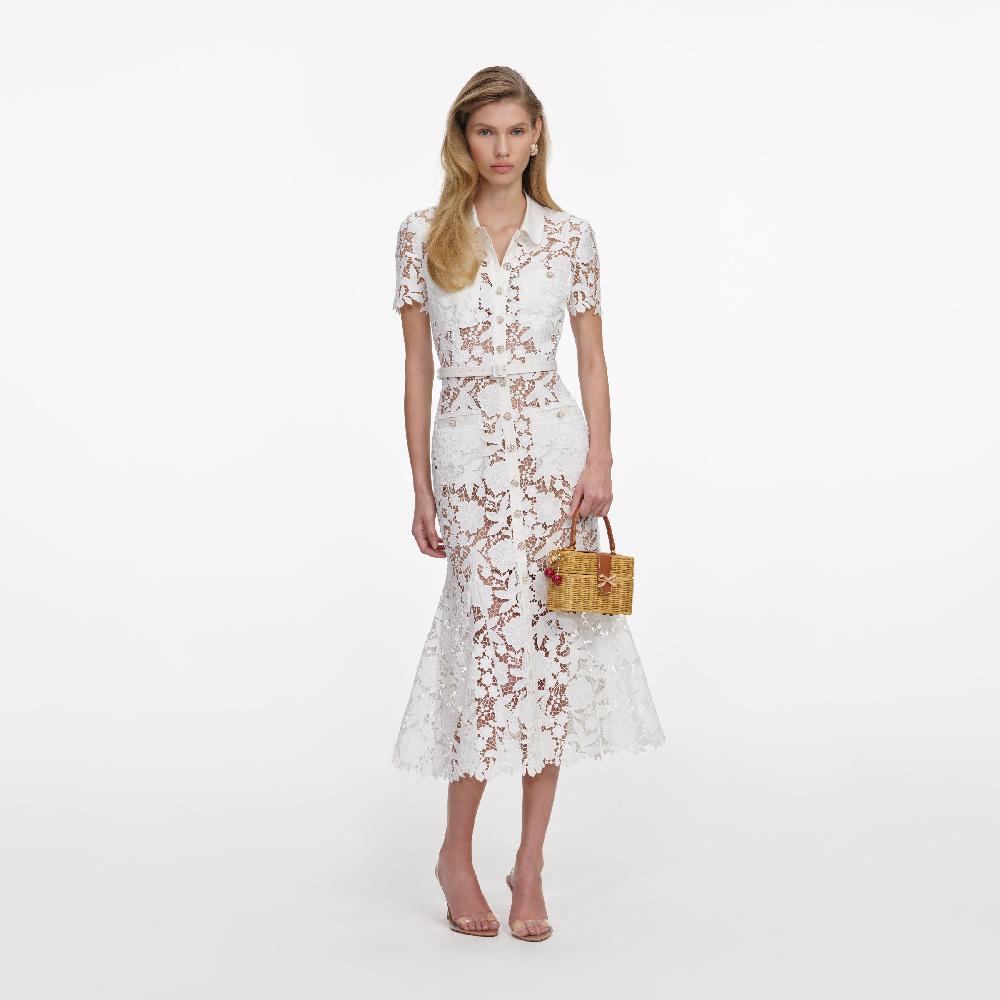 self portrait White Lace Collared Midi Dress CLOTHING