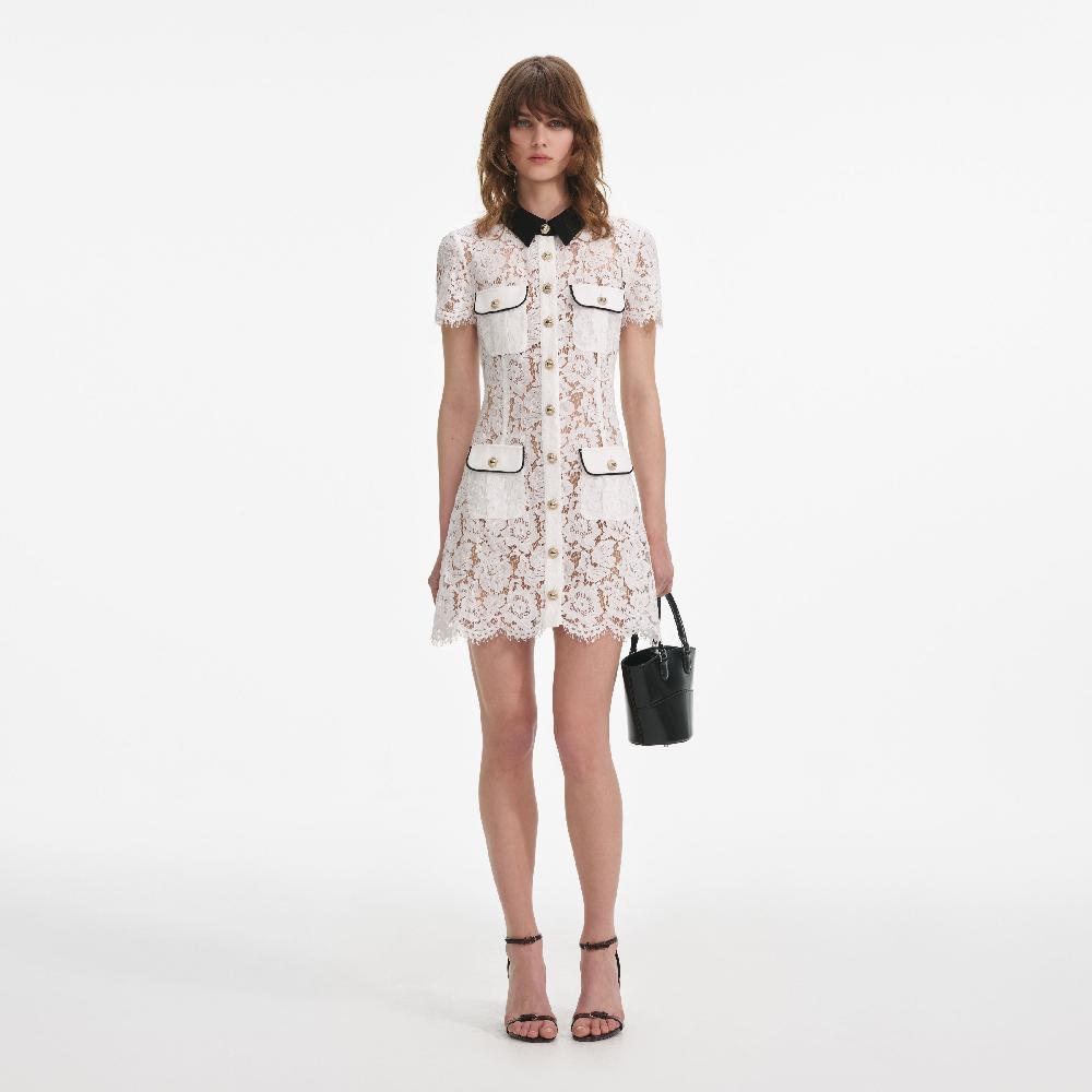 Self Portrait White Lace Contrast Collar Mini Dress CLOTHING