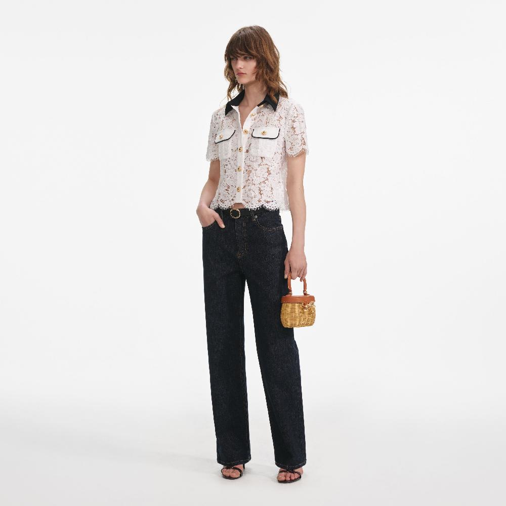 Self Portrait White Lace Contrast Collar Top CLOTHING