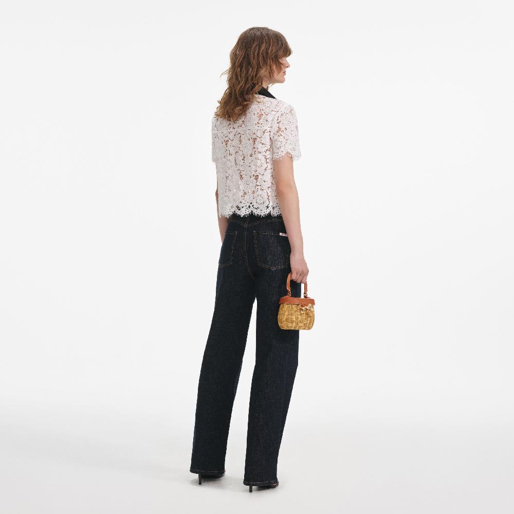 Self Portrait White Lace Contrast Collar Top CLOTHING