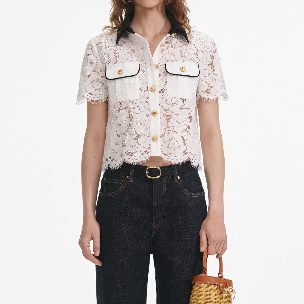 Self Portrait White Lace Contrast Collar Top CLOTHING