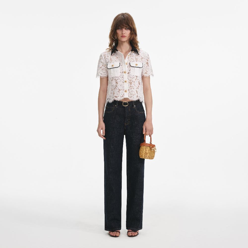 self portrait White Lace Contrast Collar Top CLOTHING